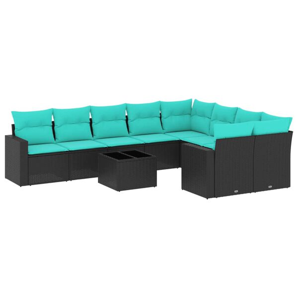 vidaXL 10-tlg. Garten-Sofagarnitur mit Kissen Schwarz Poly Rattan