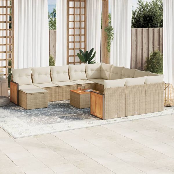 vidaXL 13-tlg. Garten-Sofagarnitur mit Kissen Beige Poly Rattan