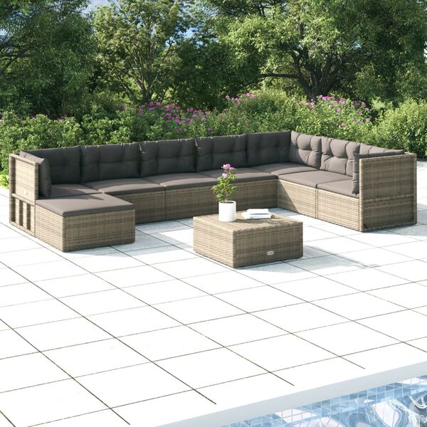 vidaXL 9-tlg. Garten-Lounge-Set mit Kissen Grau Poly Rattan