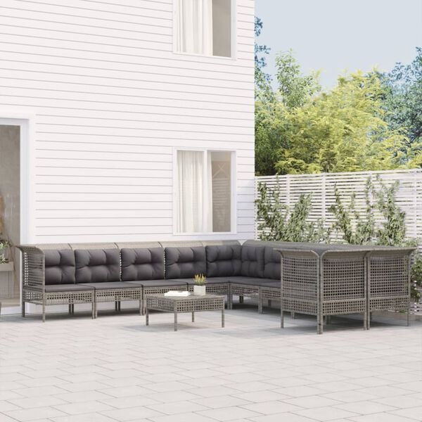 vidaXL 10-tlg. Garten-Lounge-Set mit Kissen Grau Poly Rattan