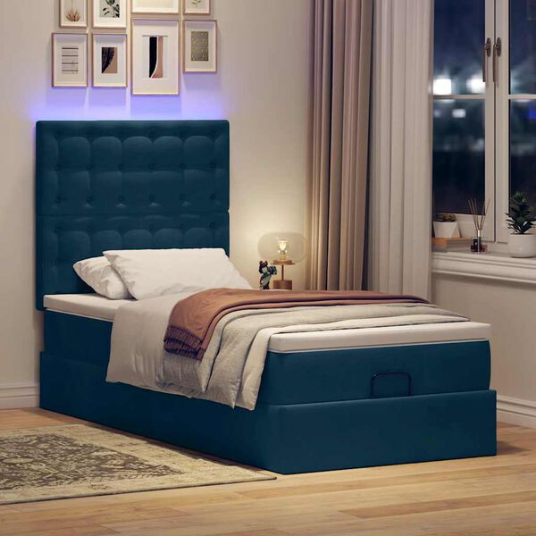 vidaXL Ottoman-Bett mit Matratzen & LEDs Dunkelblau 90x190 cm Samt