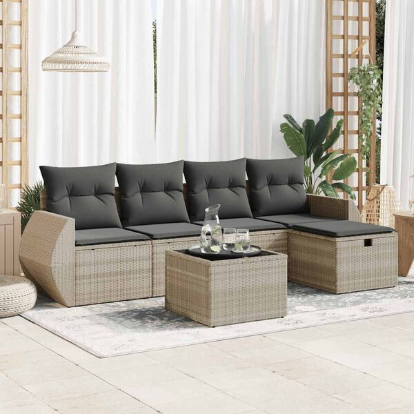 vidaXL 5-tlg. Garten-Sofagarnitur mit Kissen Hellgrau Poly Rattan