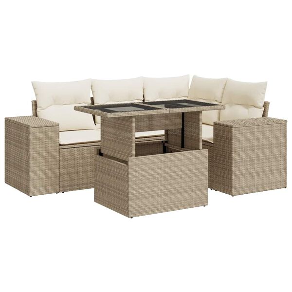 vidaXL 5-tlg. Garten-Sofagarnitur mit Kissen Beige Poly Rattan