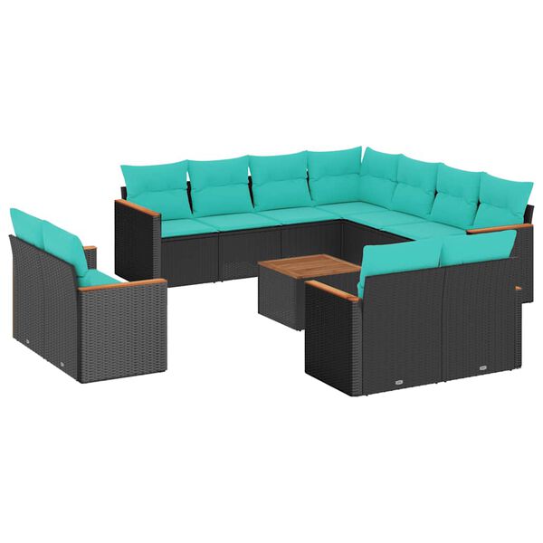 vidaXL 12-teiliges Gartensofa-Set mit Kissen, schwarzes Polyrattan