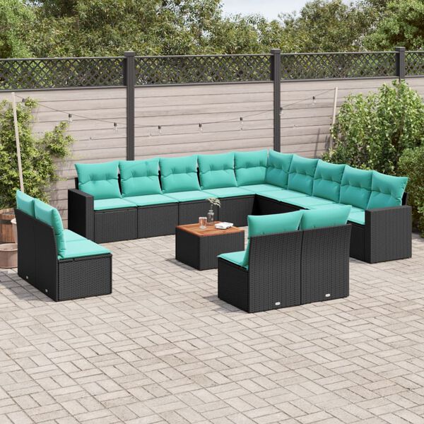 vidaXL 14-tlg. Garten-Sofagarnitur mit Kissen Schwarz Poly Rattan