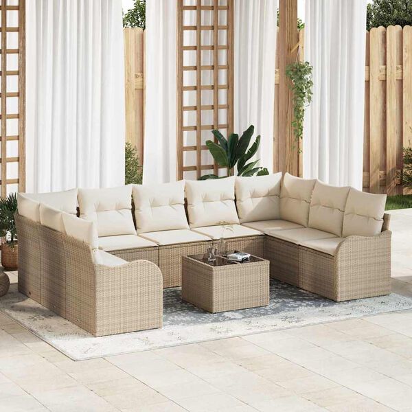 vidaXL Garten-Sofa-Set mit Kissen 10 pcs Beige und Wei&szlig; Poly Rattan