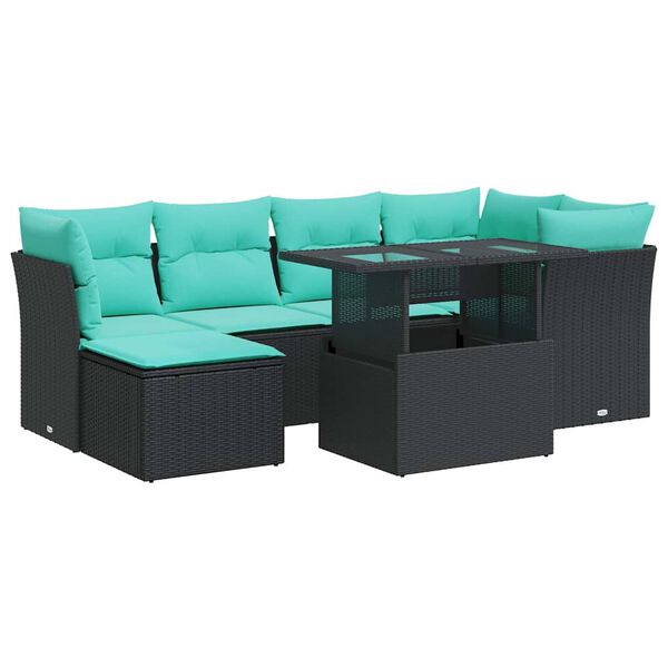 vidaXL 7-tlg. Garten-Sofagarnitur mit Kissen Schwarz Poly Rattan