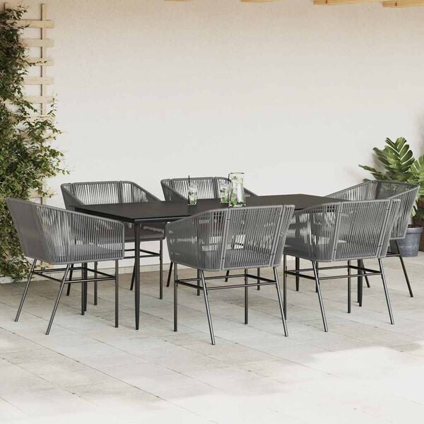 vidaXL 7-tlg. Garten-Essgruppe mit Kissen Grau Poly Rattan Glas