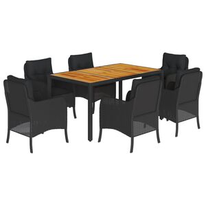 vidaXL 7-tlg. Garten-Essgruppe mit Kissen Schwarz Poly Rattan