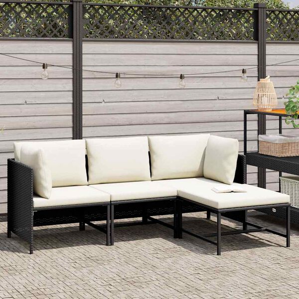vidaXL 4-tlg. Garten-Sofagarnitur mit Auflagen Schwarz Poly Rattan