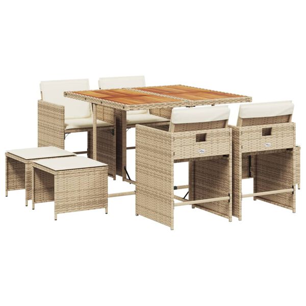 vidaXL 9-tlg. Garten-Essgruppe mit Kissen Beige Poly Rattan