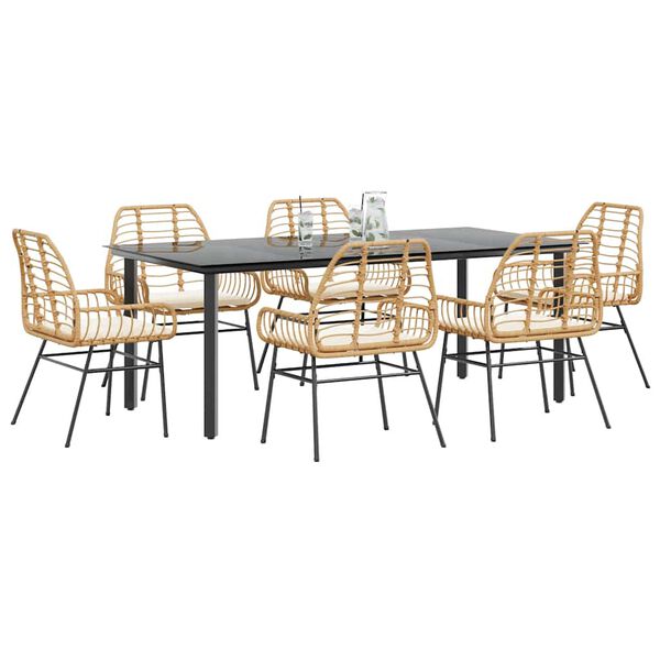 vidaXL 7-tlg. Garten-Essgruppe mit Kissen Braun Poly Rattan Glas