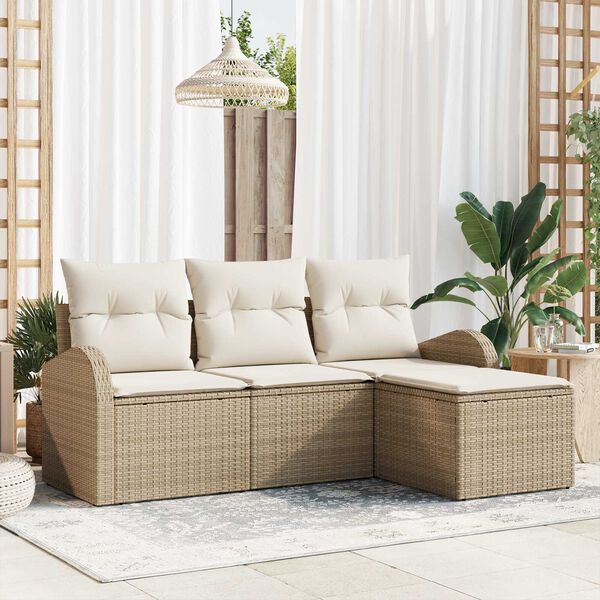 vidaXL Sofa Set mit Kissen 4 pcs Beige und Weiß Poly-Rattan