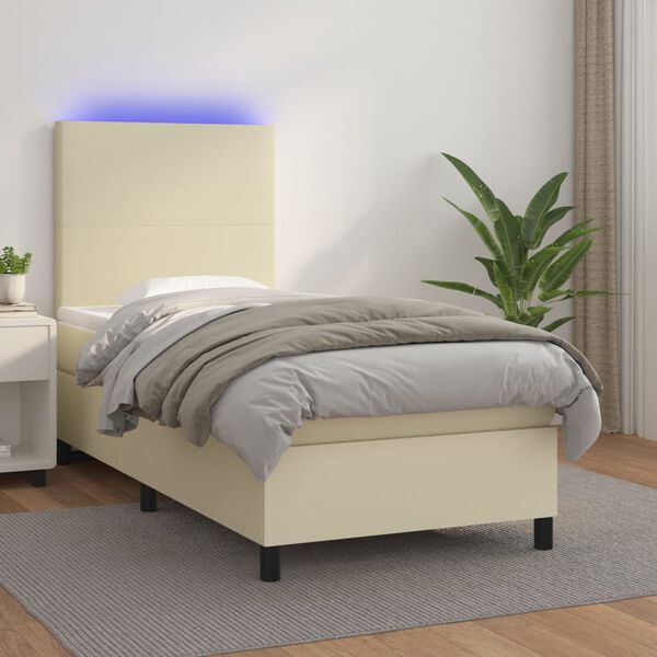 vidaXL Boxspringbett mit Matratze & LED Creme 90x200 cm Kunstleder