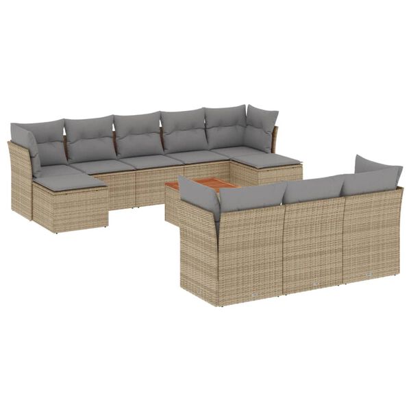 vidaXL 11-tlg. Garten-Sofagarnitur mit Kissen Beige Poly Rattan