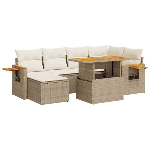 vidaXL 7-tlg. Garten-Sofagarnitur mit Kissen Beige Poly Rattan Akazie