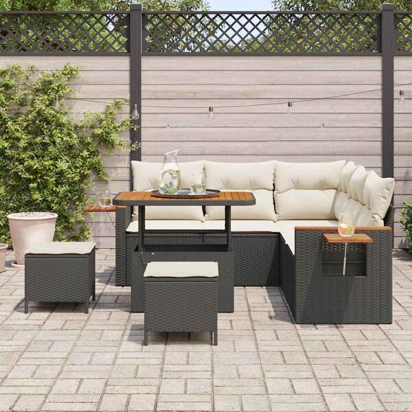 vidaXL Garten-Sofa-Set mit Kissen mit Speicher Schwarz Poly Rattan