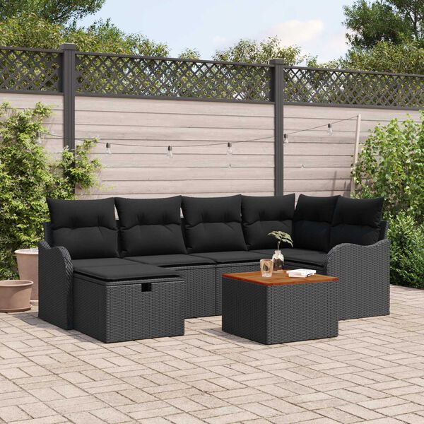 vidaXL Garten-Sofa-Set mit Kissen 7 pcs Schwarz Poly Rattan
