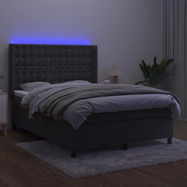 vidaXL Boxspringbett mit Matratze & LED Dunkelgrau 140x190 cm Samt