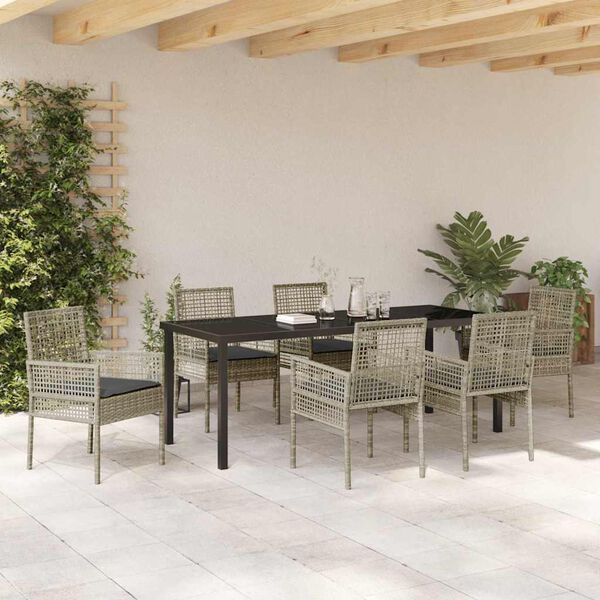 vidaXL Garten Essgruppe mit Kissen 7 pcs Hellgrau Poly-Rattan
