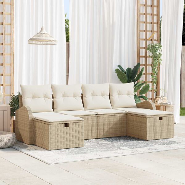 vidaXL Gartensofa-set mit Kissen mit Speicher 6 pcs Beige Poly-Rattan