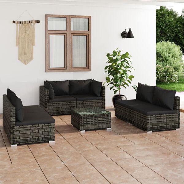 vidaXL 7-tlg. Garten-Lounge-Set mit Kissen Poly Rattan Grau