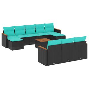 vidaXL 11-teiliges Gartensofa-Set mit Kissen, schwarzes Polyrattan