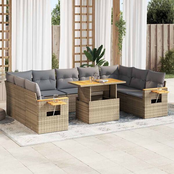 vidaXL 10-tlg. Garten-Sofagarnitur mit Kissen Beige Poly Rattan Akazie