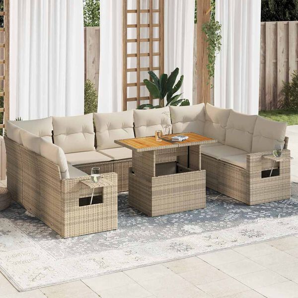vidaXL 10-tlg. Garten-Sofagarnitur mit Kissen Beige Poly Rattan