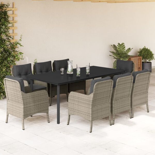 vidaXL 9-tlg. Garten-Essgruppe mit Kissen Hellgrau Poly Rattan