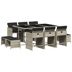 vidaXL 11-tlg. Garten-Essgruppe mit Kissen Hellgrau Poly Rattan