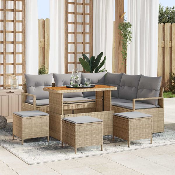 vidaXL Garten-Sofa-Set mit Kissen 9 pcs Beige Poly Rattan