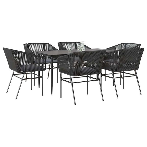 vidaXL 7-tlg. Garten-Essgruppe mit Kissen Schwarz Poly Rattan Glas