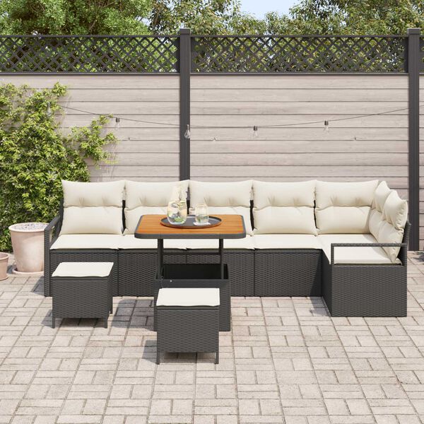 vidaXL Garten-Sofa-Set mit Kissen 9 pcs Schwarz Poly Rattan