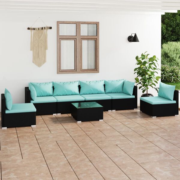 vidaXL 7-tlg. Garten-Lounge-Set mit Kissen Poly Rattan Schwarz