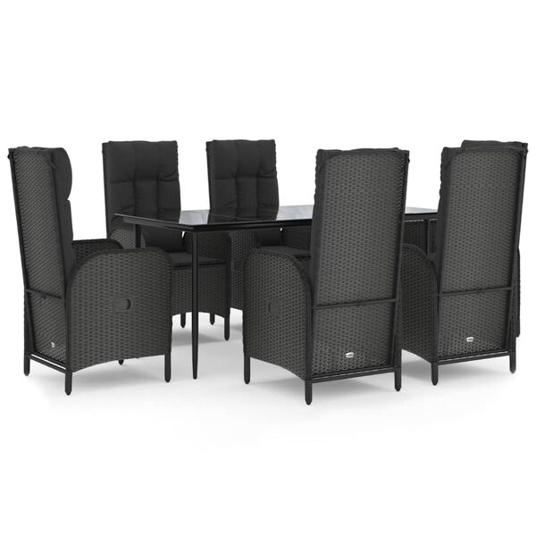 vidaXL 7-tlg. Garten-Essgruppe mit Kissen Schwarz Poly Rattan