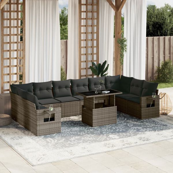 vidaXL 11-tlg. Garten-Sofagarnitur mit Kissen Grau Poly Rattan