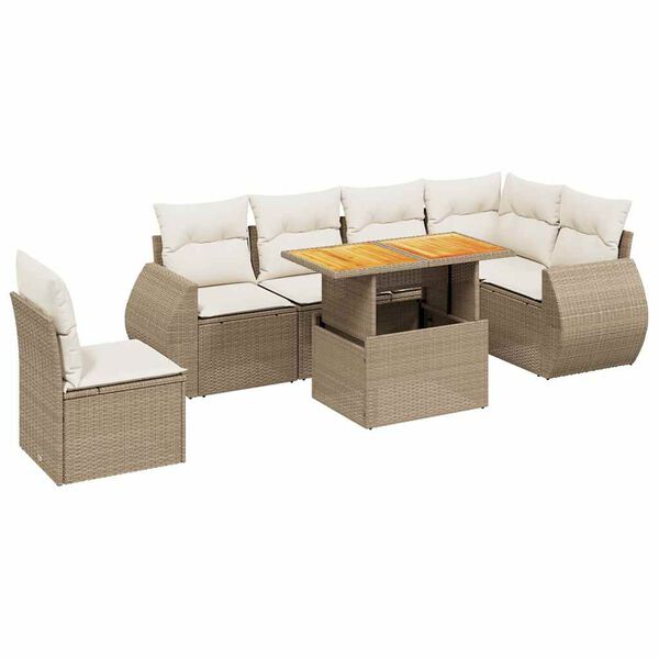 vidaXL 7-tlg. Garten-Sofagarnitur mit Kissen Beige Poly Rattan