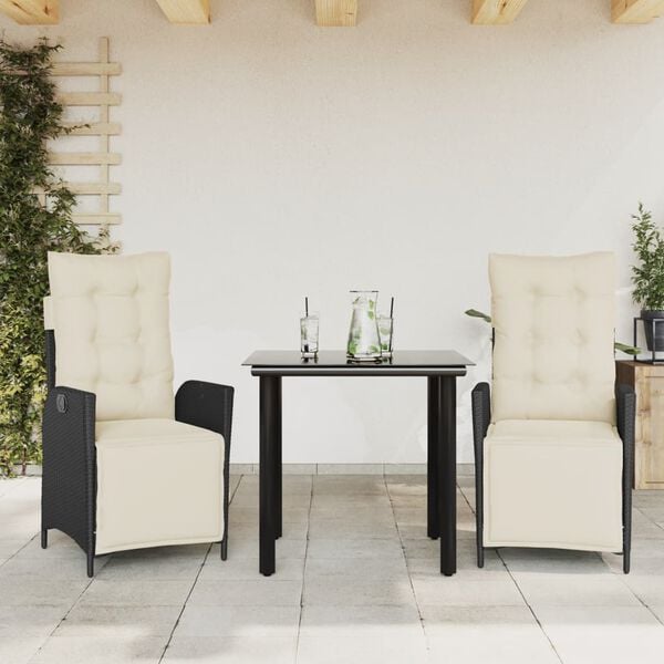 vidaXL 3-tlg. Garten-Essgruppe mit Kissen Schwarz Poly Rattan