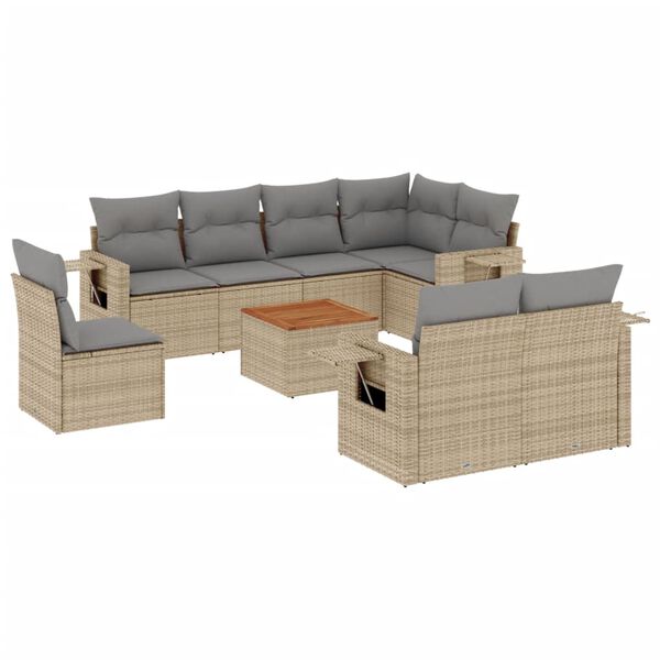 vidaXL 9-tlg. Garten-Sofagarnitur mit Kissen Beige Poly Rattan