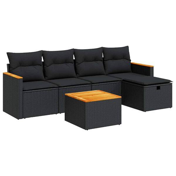 vidaXL 6-tlg. Garten-Sofagarnitur mit Kissen Schwarz Poly Rattan