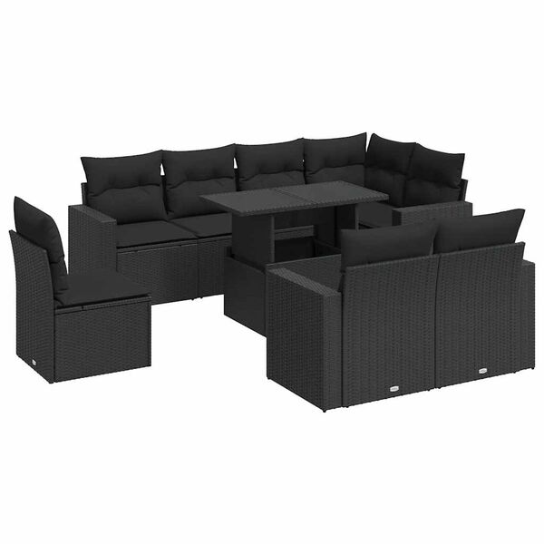 vidaXL 9-tlg. Garten-Sofagarnitur mit Kissen Schwarz Poly Rattan