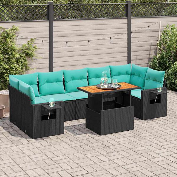 vidaXL 8-tlg. Garten-Sofagarnitur mit Kissen Schwarz Poly Rattan