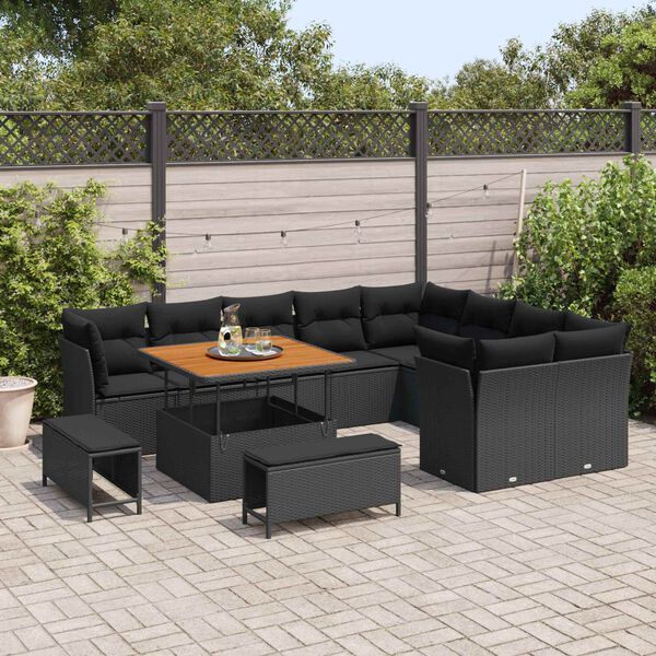 vidaXL Garten-Sofa-Set mit Kissen mit Speicher 12 pcs Schwarz