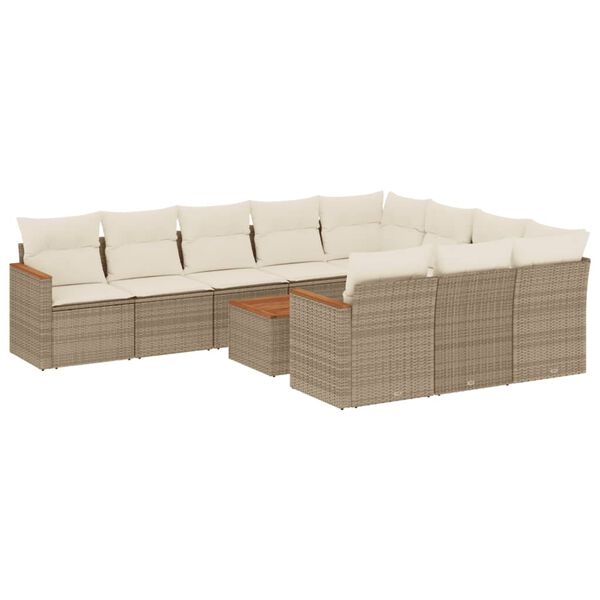 vidaXL 11-tlg. Garten-Sofagarnitur mit Kissen Beige Poly Rattan