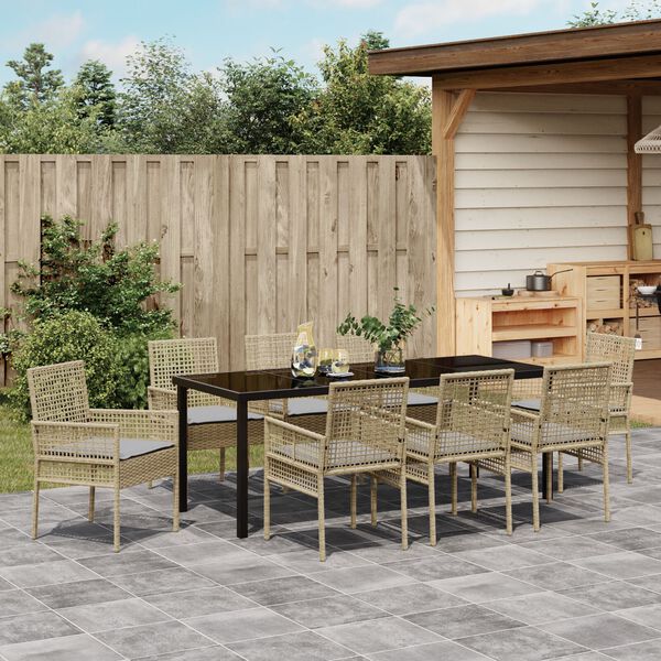 vidaXL Garten Essgruppe mit Kissen 9 pcs Beige Poly-Rattan