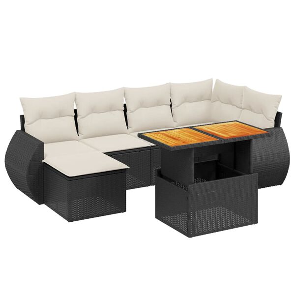 vidaXL 7-tlg. Garten-Sofagarnitur mit Kissen Schwarz Poly Rattan