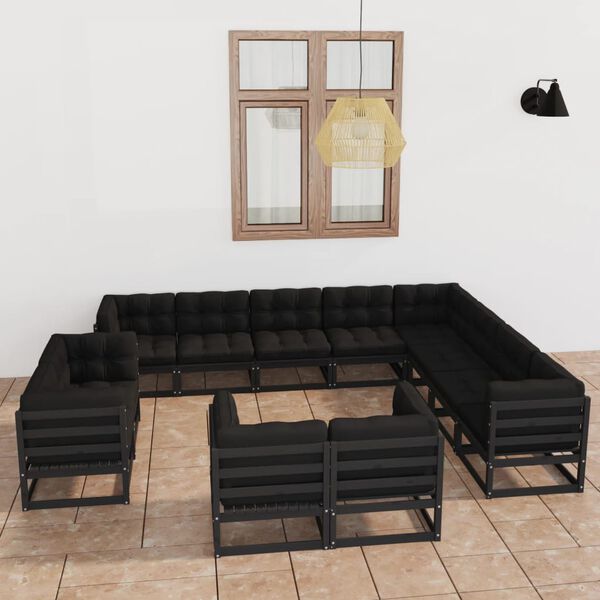 vidaXL 12-tlg. Garten-Lounge-Set mit Kissen Schwarz Massivholz Kiefer