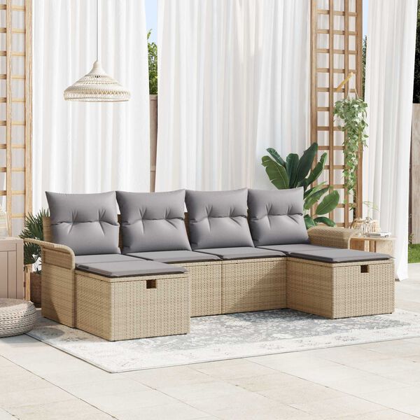 vidaXL Garten-Sofa-Set mit Kissen mit Speicher 6 pcs Beige Poly Rattan