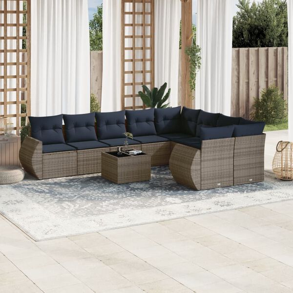 vidaXL 10-teiliges Gartensofa-Set mit Kissen, grau, Polyrattan